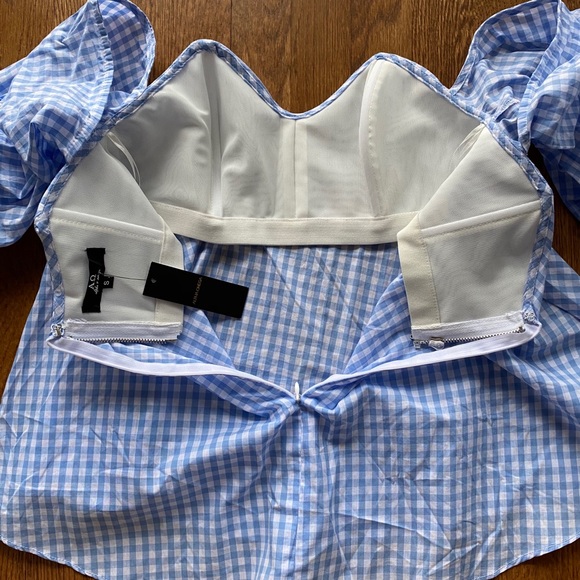 Alpha Omega blue plaid top with detached sleeves - Picture 3 of 5